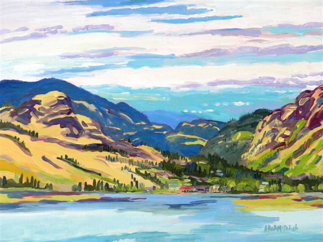 Colourful
                          Hillside Skaha Lake Okanagan Falls painted on
                          location in oil by Angie Roth McIntosh