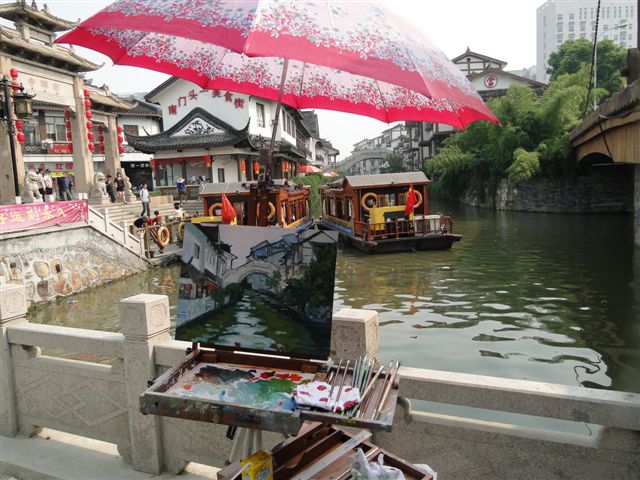My painting setup in
                                            Wuxi on the Canal at Nanshan
                                            Temple