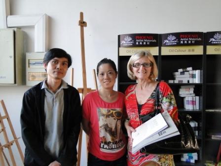 Angie  McIntosh meeting head product designer for Phoenix Art Supply at factory in Wuxi China