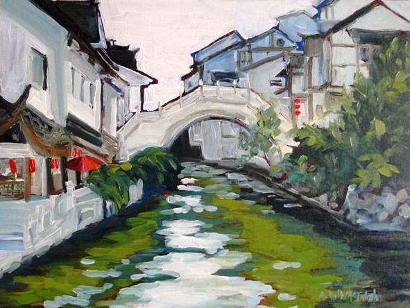 Plein Air Painting of Canal in China by Angie Roth McIntosh in oil