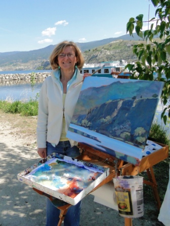 Angie painting at Okanagan Lake at north end of Penticton