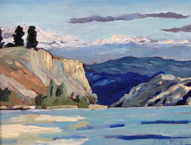 View North Okanagan Lake painted on
                            location in Summerland in oil by Angie Roth
                            McIntosh