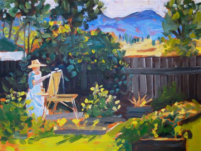 Painting in
                          Donna's Garden on location in oil by Angie
                          Roth McIntosh