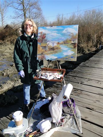 Angie with her large
                                          plein air oil of Finn Slough