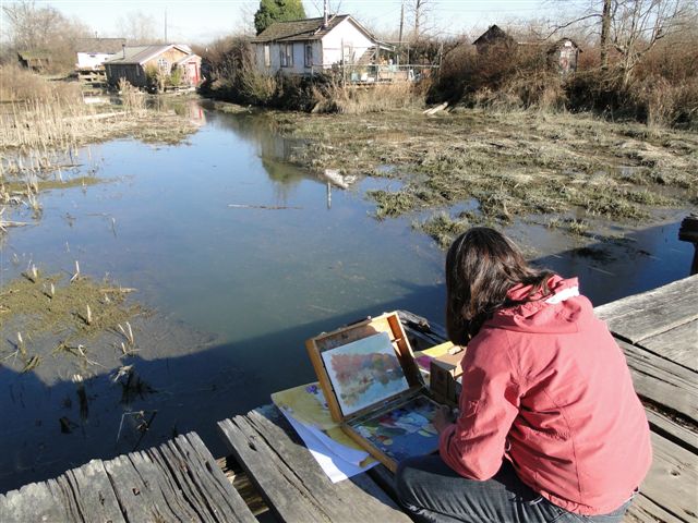 Barb
                                          working on second painting of
                                          Finn Slough