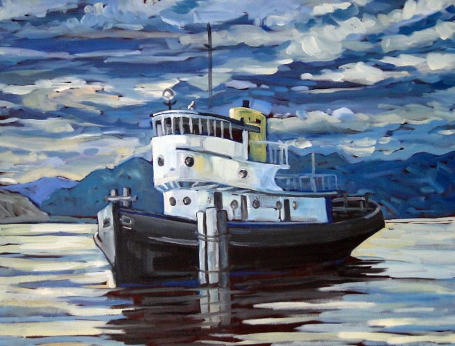 Tug in Evening Light Okanagan Lake
                          Penticton in oil by Angie Roth McIntosh