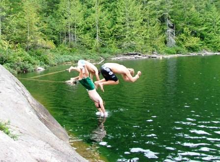 Kieran, Dirk and Paul Diving into warm Lake