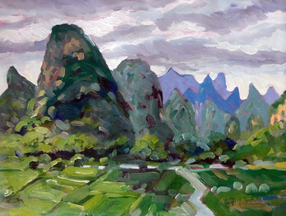 12x16 painting of the
Green Karst Hills in Guilin
area of China by Angie Roth
McIntosh