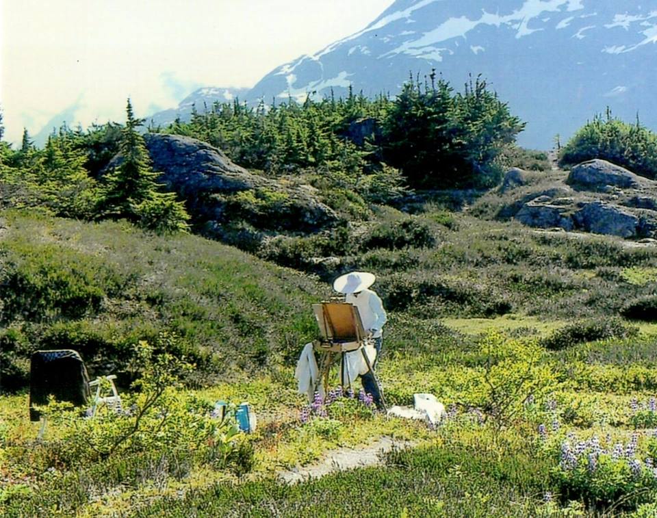 Angie Roth McIntosh painting en plein air
near Stewart BC/Hyder Alaska near Salmon
Glacier