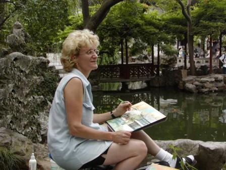 Angie painting in Suzhou garden